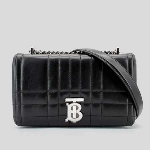 Burberry Lola 羊皮縫線銀鍊掀蓋斜背包-小