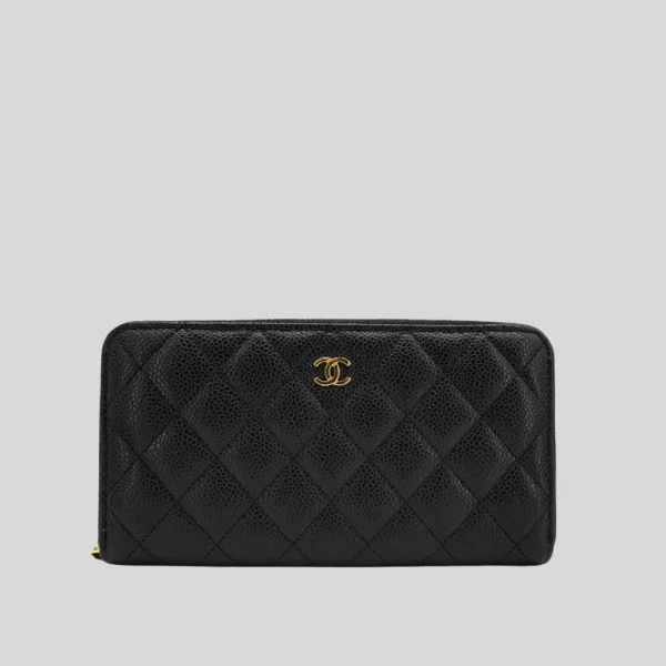 Chanel 金雙C logo 菱格紋粒紋牛皮拉鍊長夾